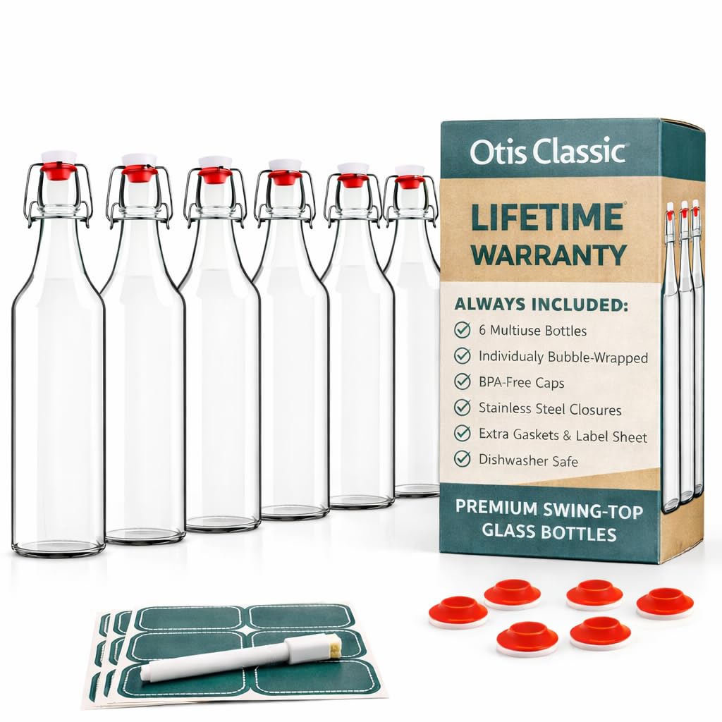 Otis Classic swing-top bottles 16oz set offer clear glass for fresh beverages.