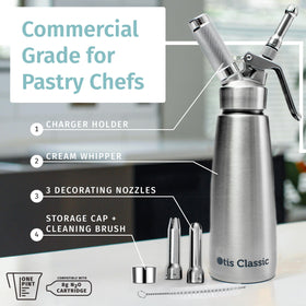 Otis Classic whipped cream dispenser with 3 nozzles for versatile decorating