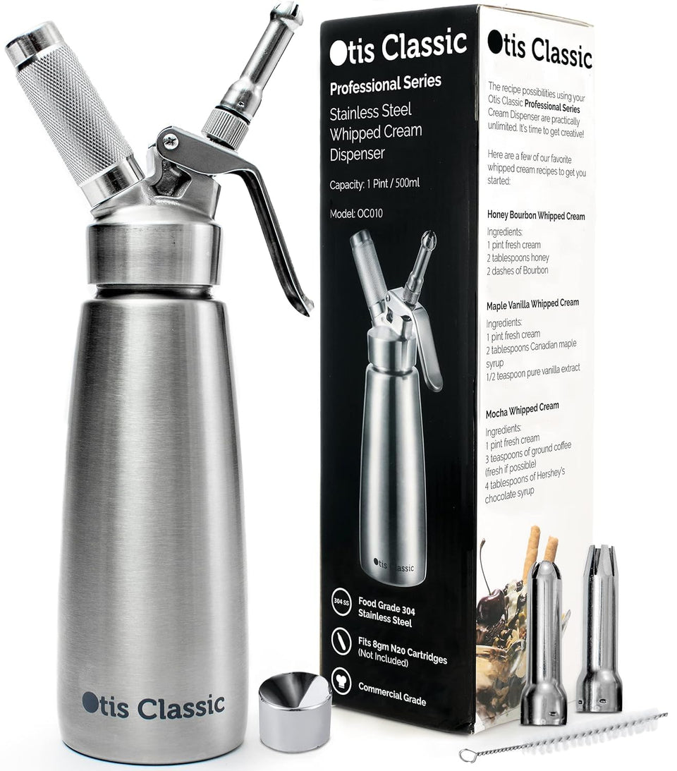 Otis Classic whipped cream dispenser top view highlighting compact 500ml capacity for home dessert prep