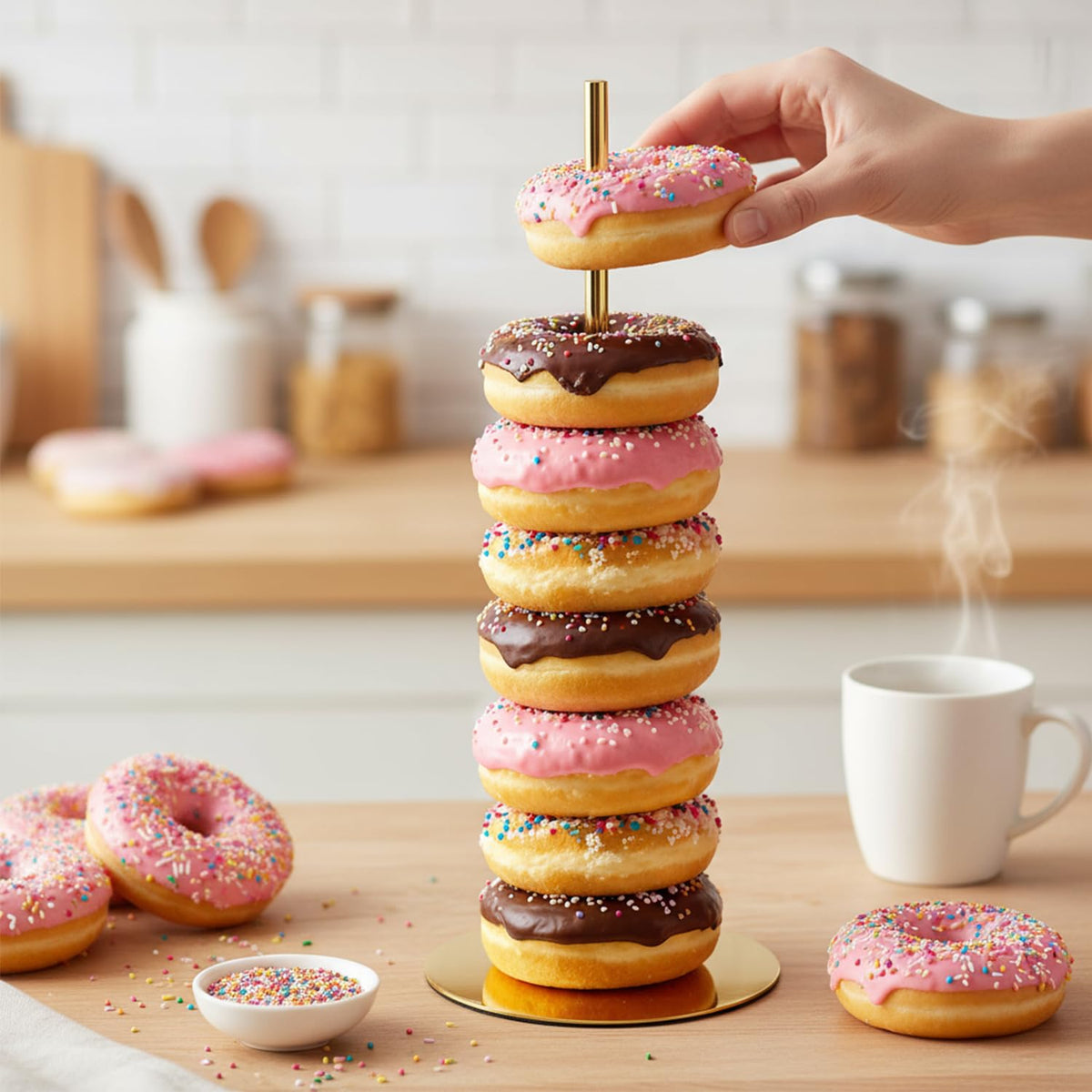 Otoolling metal construction provides durable, reusable donut holders