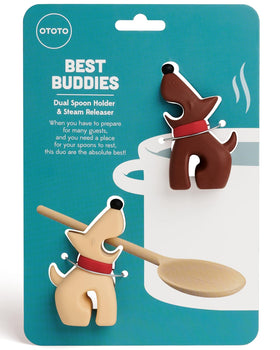 OTOTO Best Buddies spoon rest on pot lid keeps drips off counters.