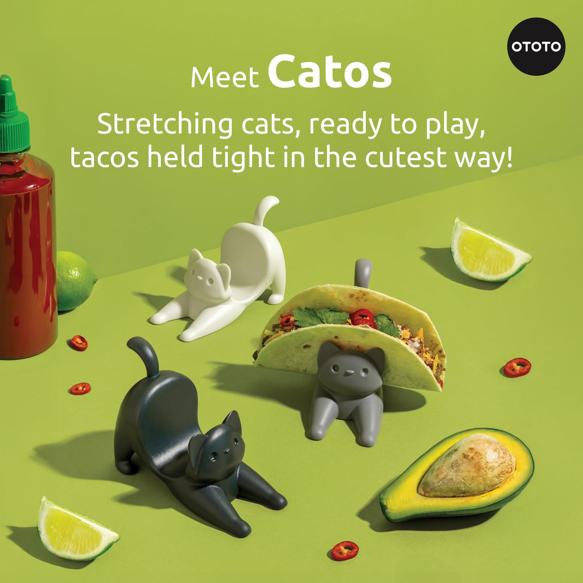 OTOTO Catos stretching cat taco stand holds three shells steady for neat toppings.