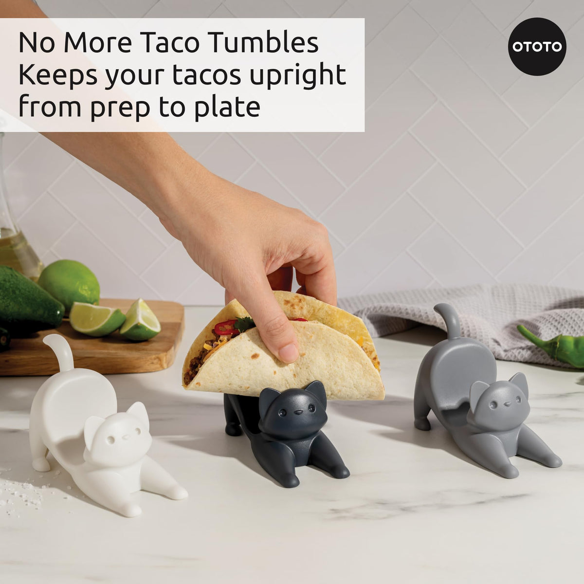 OTOTO Catos taco tray for three tacos simplifies serving and topping.