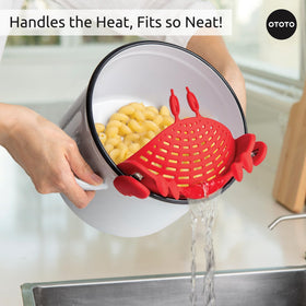 Flexible strainer expands to fit pots and stores flat.