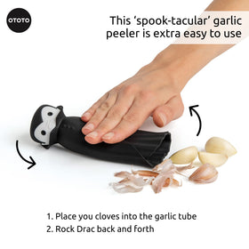 OTOTO Drac N' Roll garlic peeler in action for hassle-free kitchen prep
