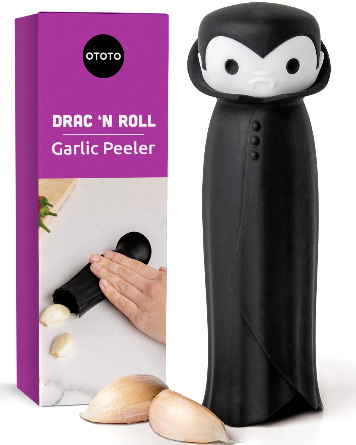 OTOTO Drac N' Roll vampire garlic roller in action for quick clove peeling