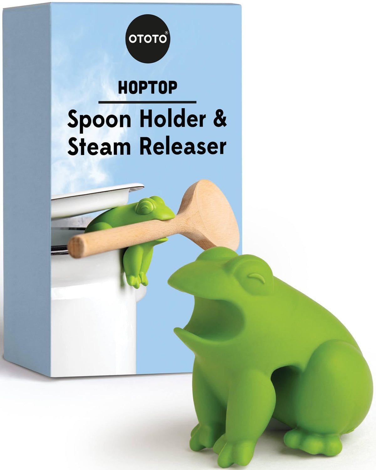 OTOTO HopTop frog spoon holder on stovetop keeps utensils off the counter.
