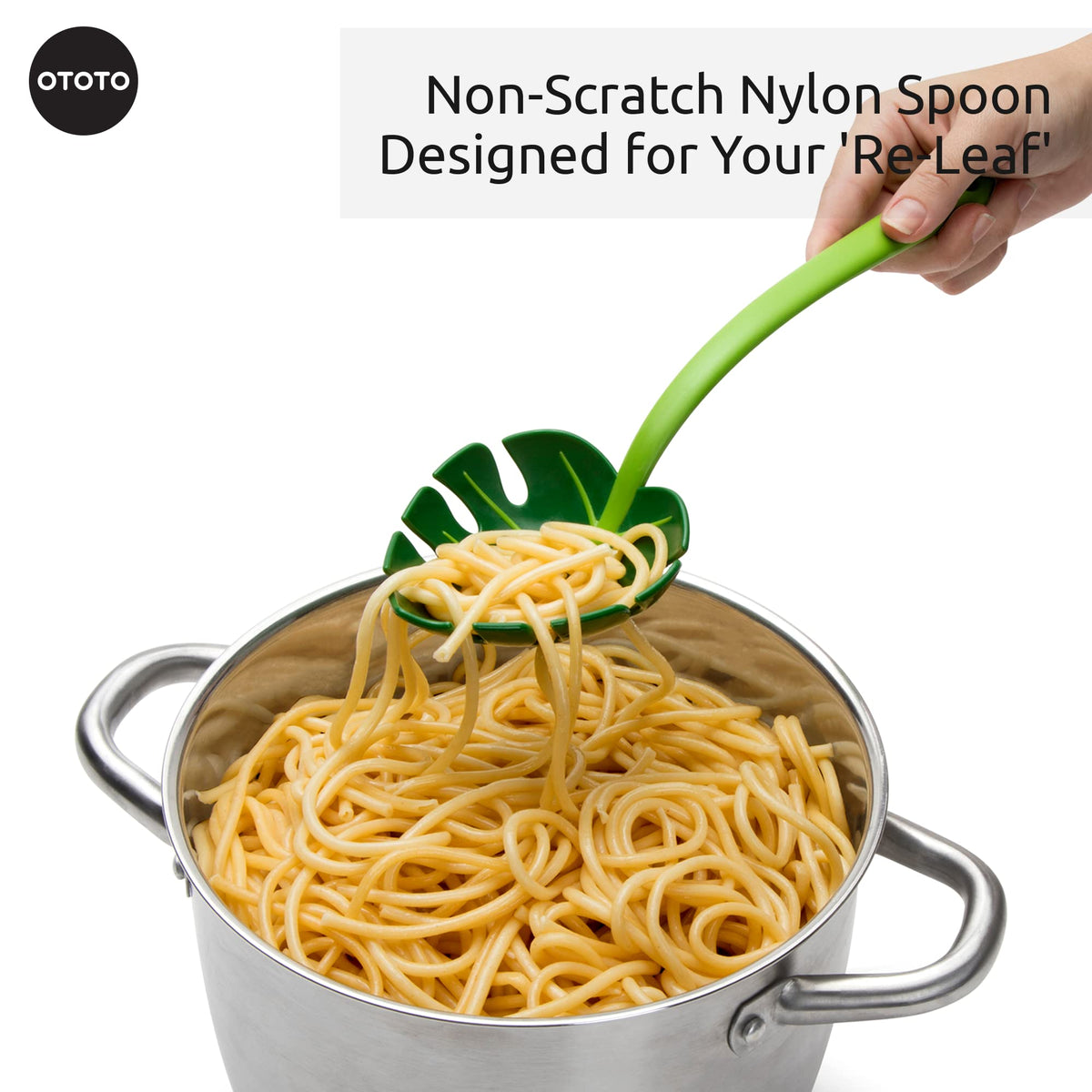 OTOTO Jungle Spoon nylon head protects nonstick cookware from scratches.