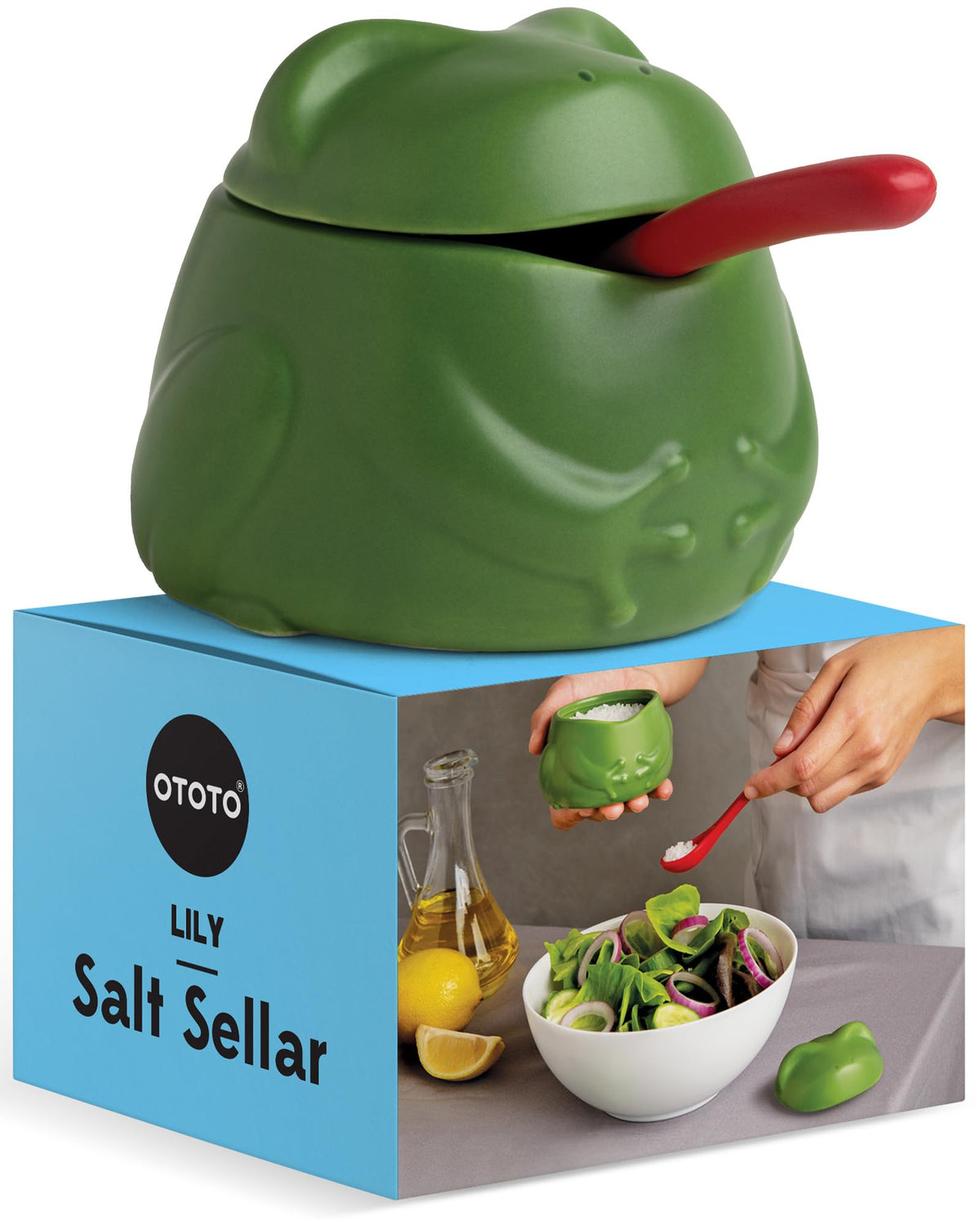 OTOTO Lily salt cellar with lid and spoon on countertop keeps salt within easy reach.