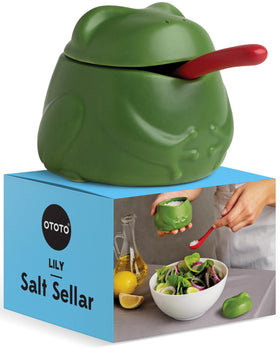 OTOTO Lily salt cellar with lid and spoon on countertop keeps salt within easy reach.