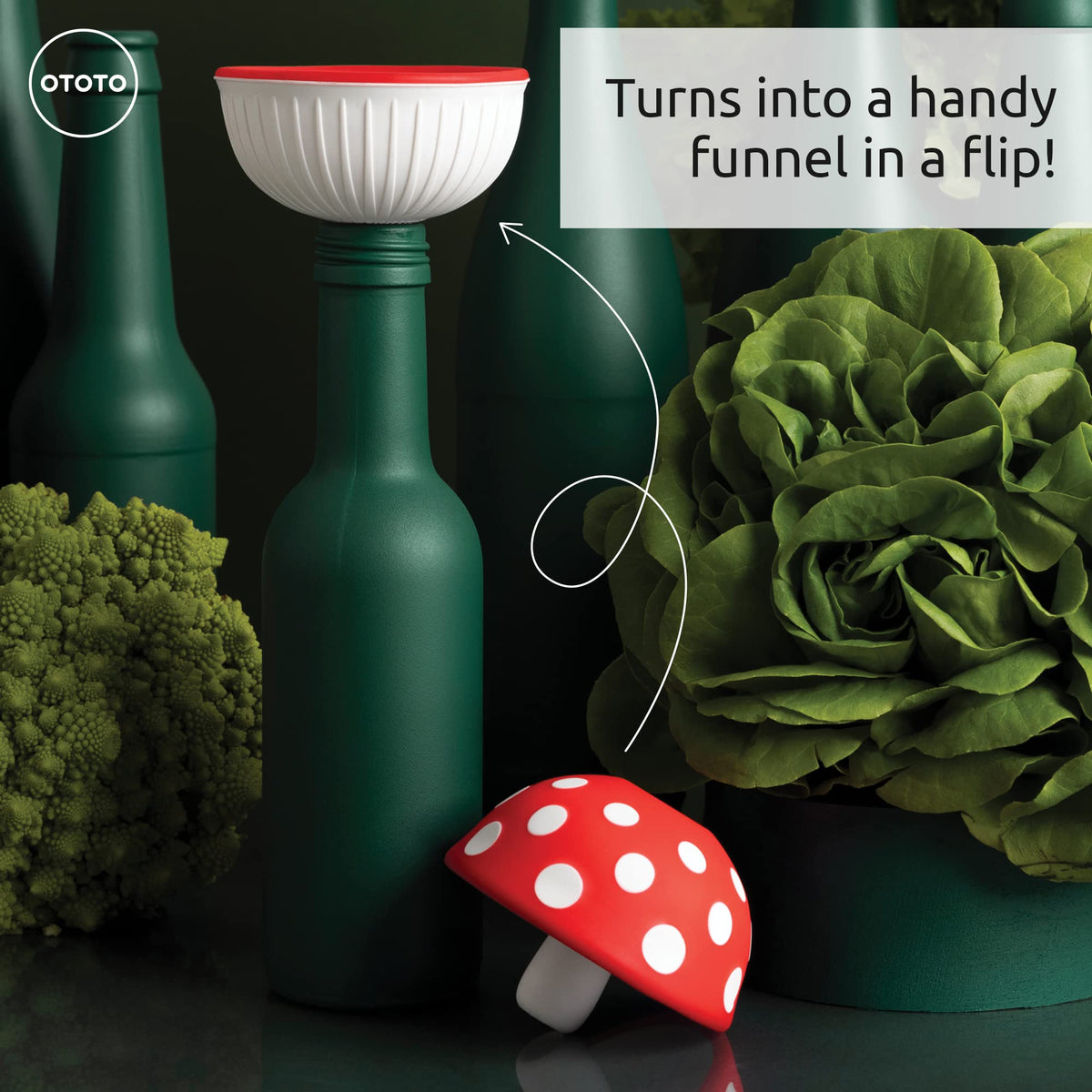 OTOTO Mushroom funnel fits bottle necks securely for controlled liquid transfer.