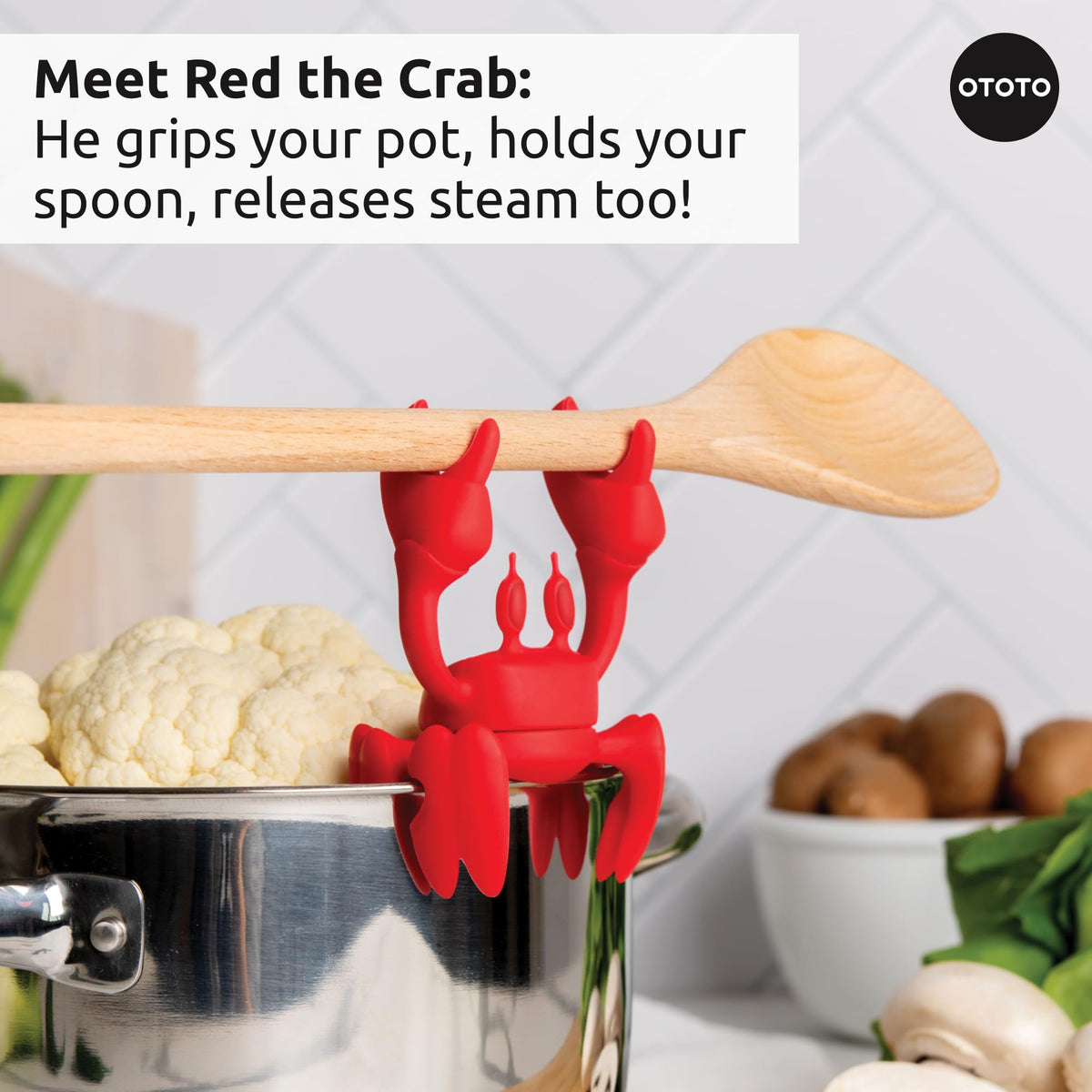 OTOTO Prep Pals Crabby pasta strainer clips on for hands-free draining