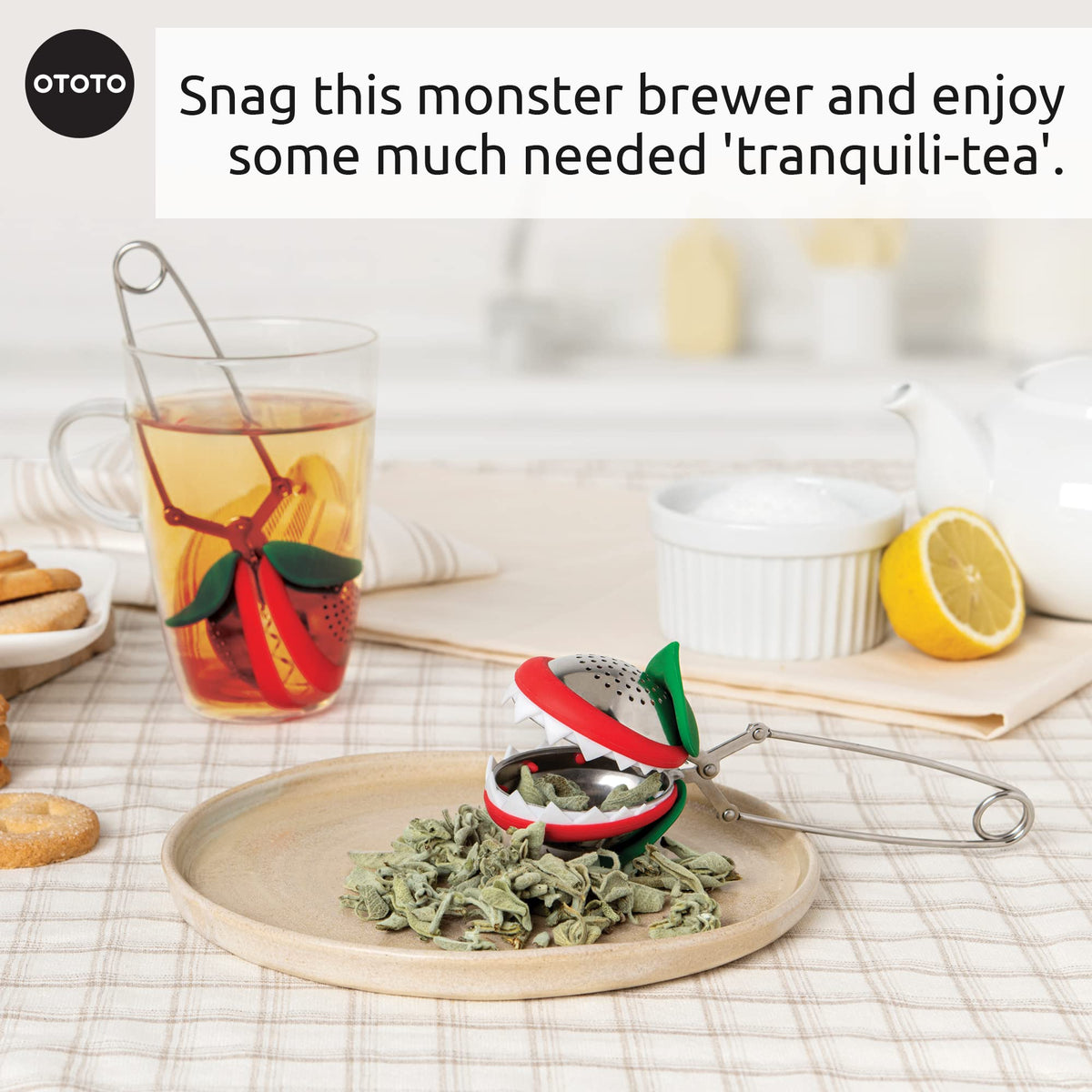 OTOTO Tea Trap sits in a modern kitchen as a cute tea gadget.