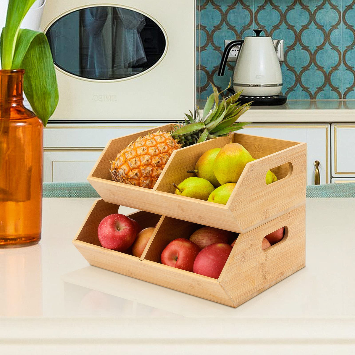 otovioia bamboo storage bin bread and canned goods on countertops.