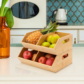otovioia bamboo storage bin bread and canned goods on countertops.