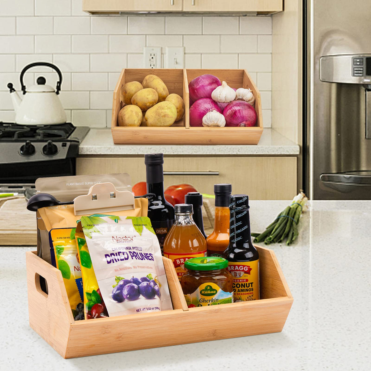 otovioia bamboo storage bin natural finish adds modern kitchen look.