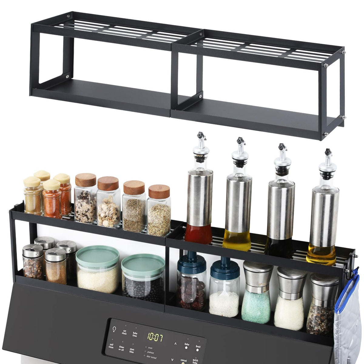 OTraki magnetic stove shelf mounted on a flat-top stove showing secure top mounting
