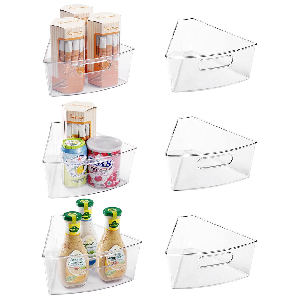 Oubonun Lazy Susan organizers in clear bins, front view for quick kitchen selection.