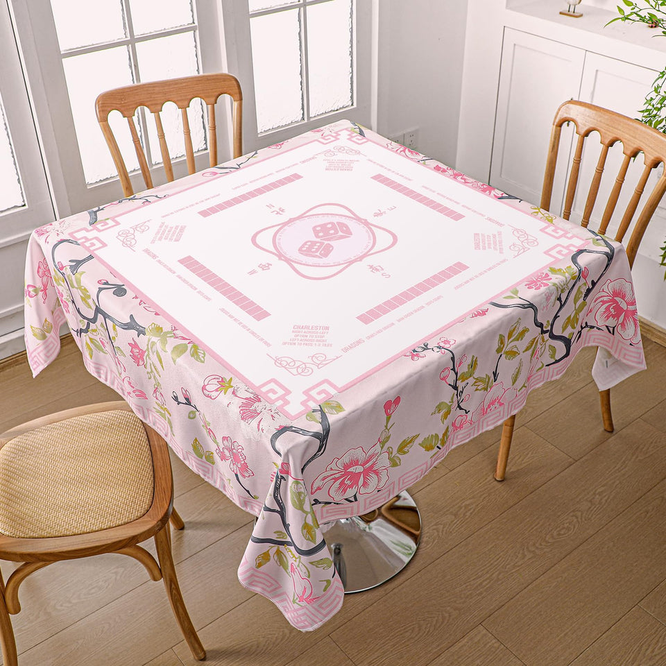 Oudain Mahjong tablecloth with pink-green florals enhances tile grip during play.
