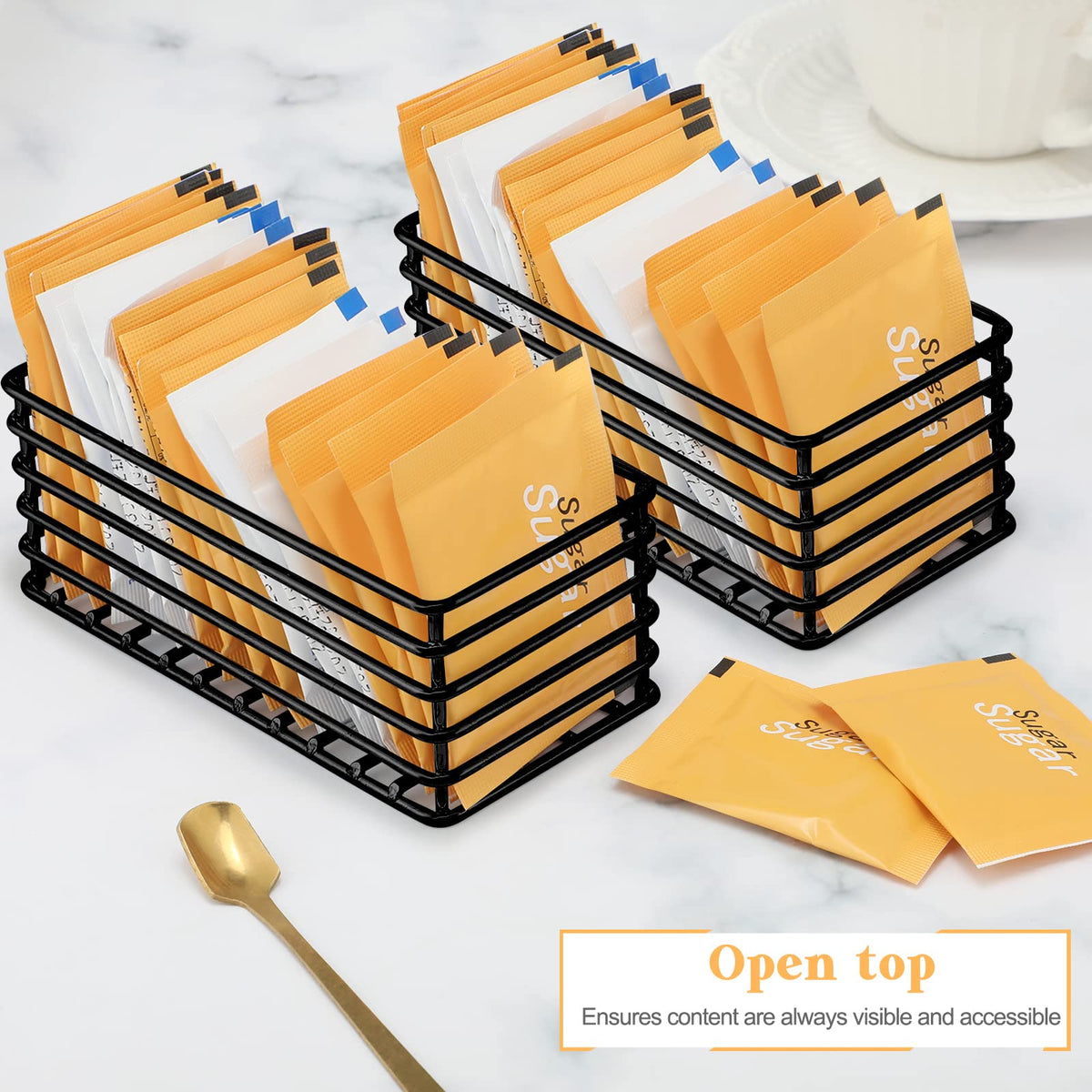 Oudain iron caddy for coffee bar adds simple elegance and quick access to condiments.