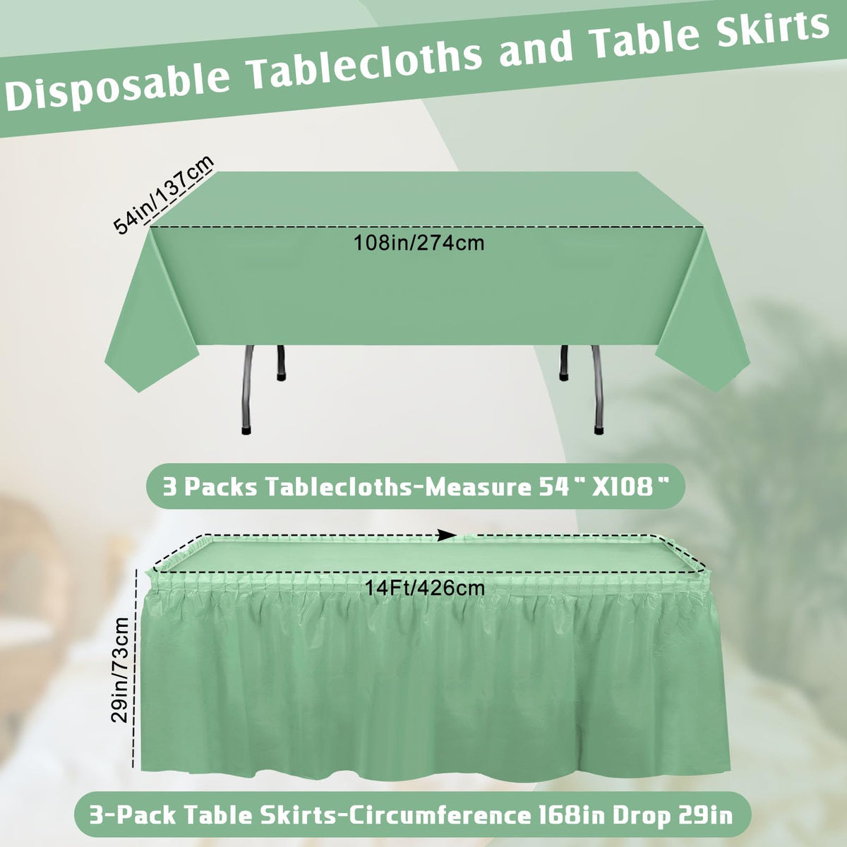 Oudain sage-green plastic table skirt with double-faced tape for quick setup.