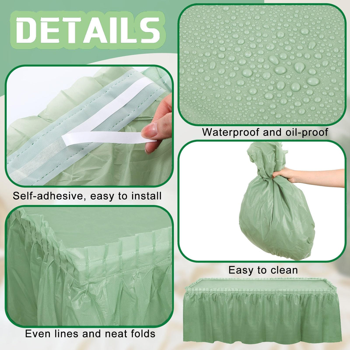 Oudain table skirt tape detail shows secure fitting.