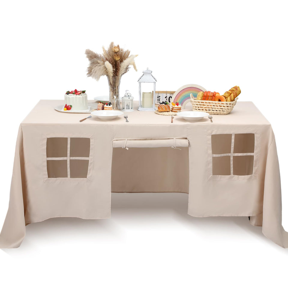 Oudain tablecloth playhouse showing doors and windows for instant kid play space