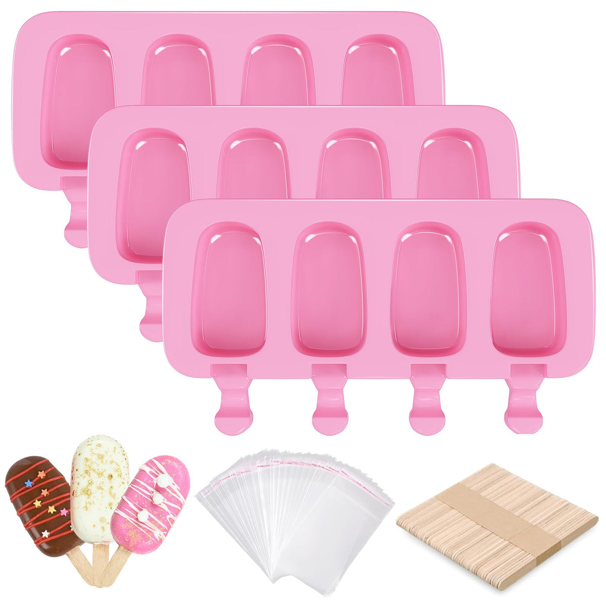 Ouddy Life popsicle molds set of three pink silicone trays with easy release for fun treats.