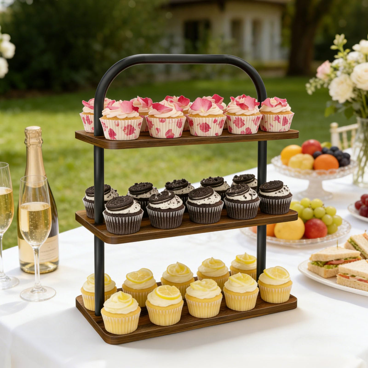OugeWood cupcake stand top handle for easy transport to events.