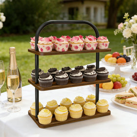 OugeWood cupcake stand top handle for easy transport to events.