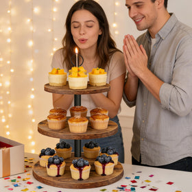OugeWood rustic wedding display showcasess desserts with charm.