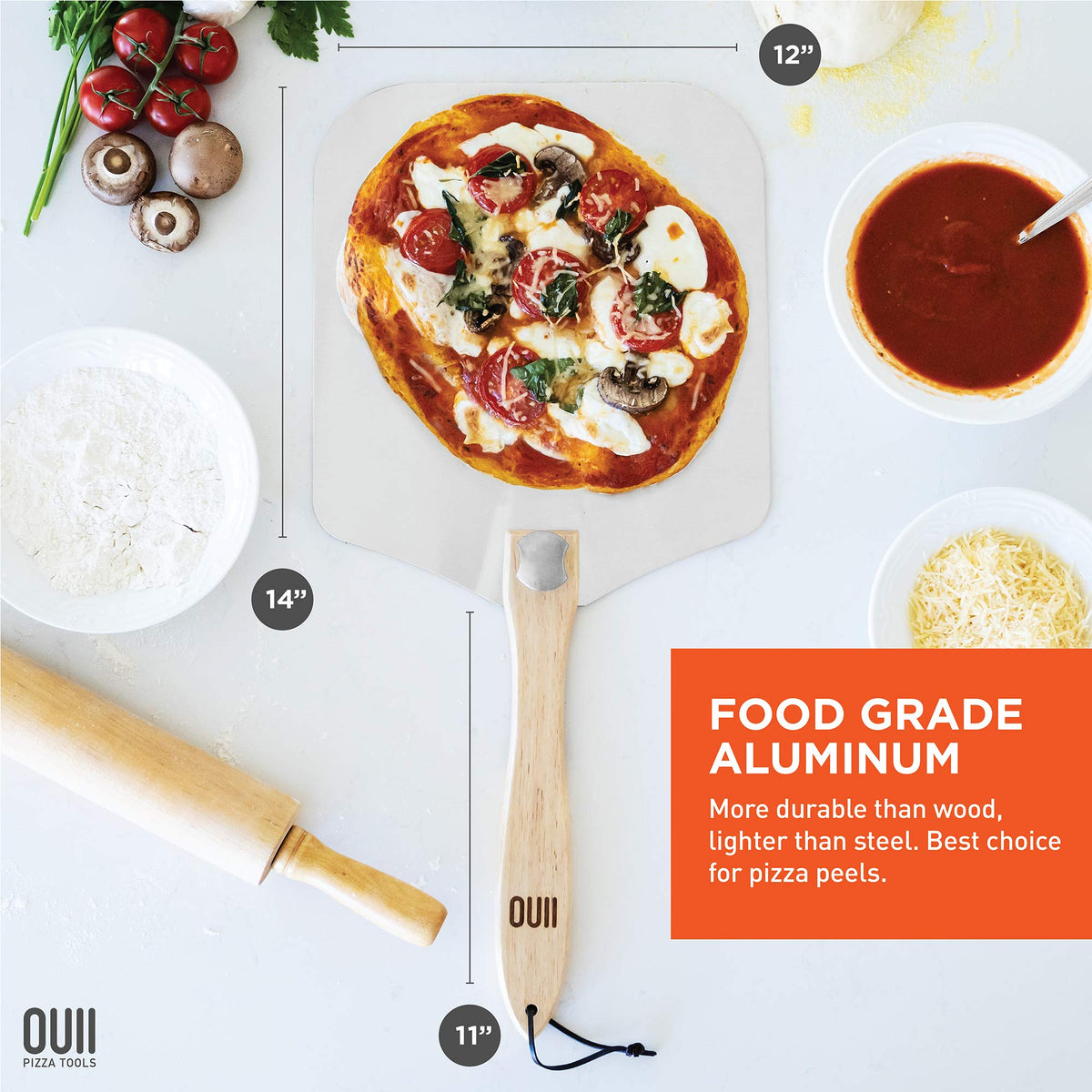 OUII pizza peel with adjustable swivel lock handle for versatile use