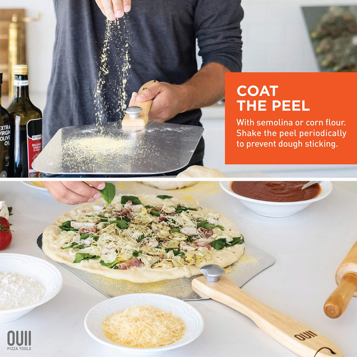 OUII stainless steel pizza cutter rocker for clean, quick slices.