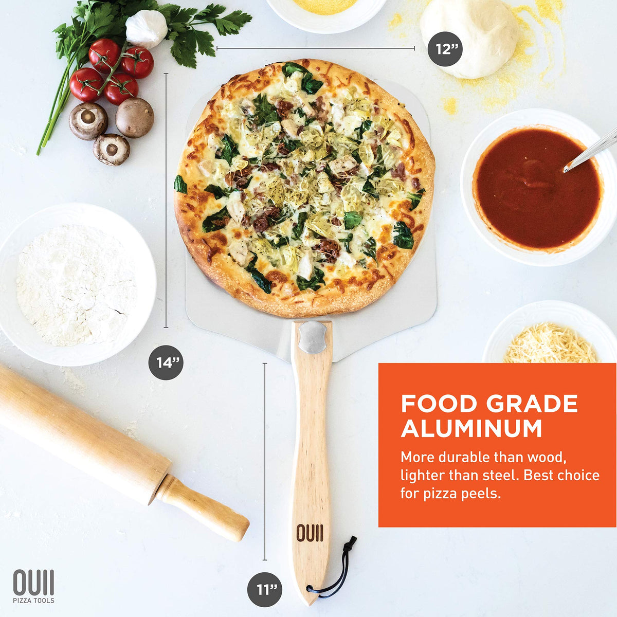 OUII pizza peel with adjustable swivel lock handle for safe maneuvering.