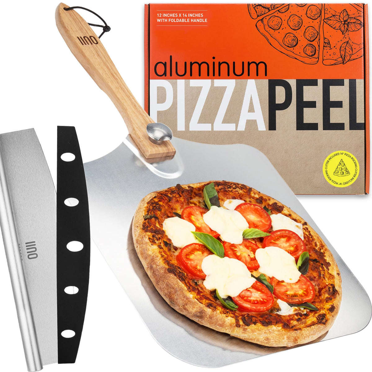 OUII pizza peel with cutter and 12x14 inch aluminum plate for precise pie transfer.