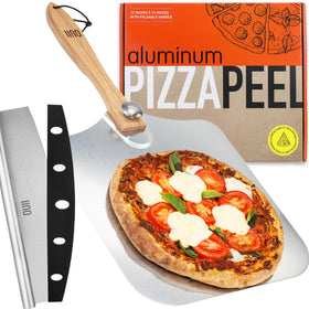 OUII pizza peel with cutter and 12x14 inch aluminum plate for precise pie transfer.