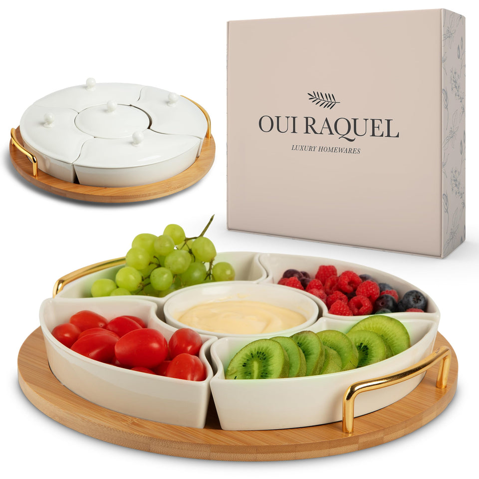 Oui Raquel chip and dip set with rotating base for easy serving at gatherings.