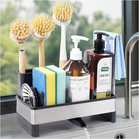 Ouletoy kitchen sink caddy front view showing organized counter space for sponges and brushes
