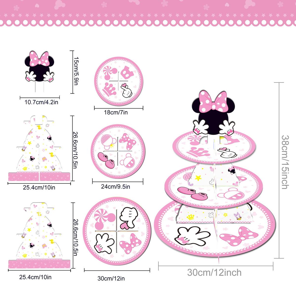 Oulun Minnie themed cupcake stand decorative design enhances party décor.