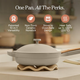 Our Place Always Pan 2.0 ceramic nonstick surface for easy release.