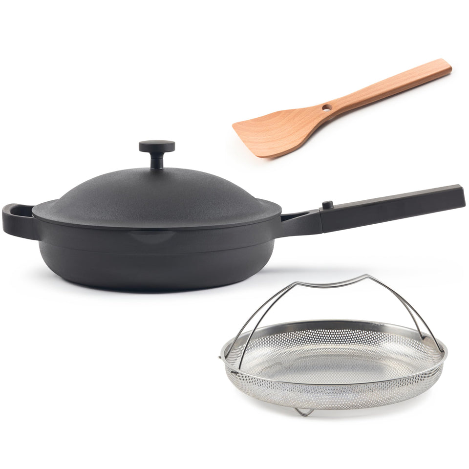Our Place Always Pan 2.0 full setup showcases 10-in-1 versatility for everyday meals.