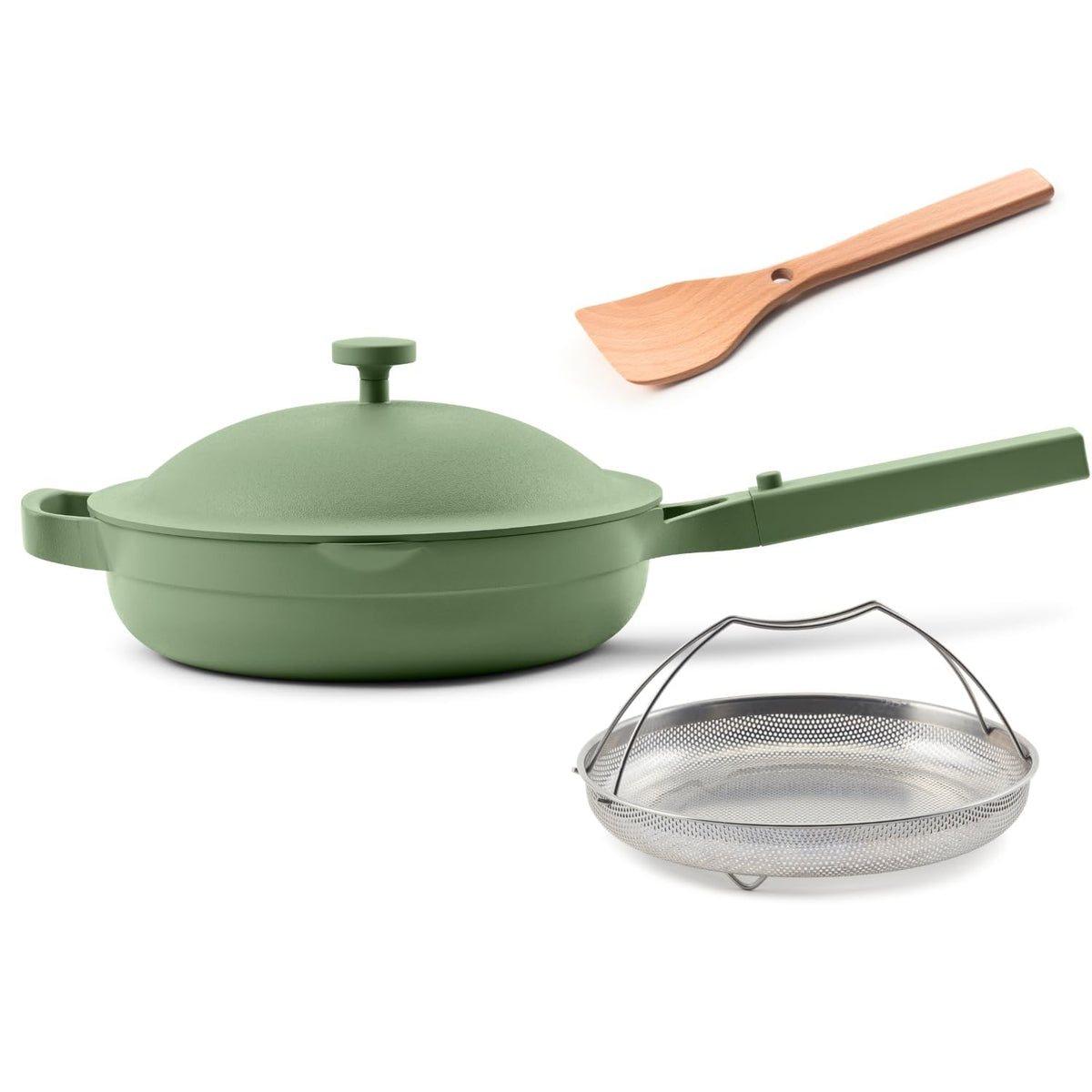 Our Place Always Pan 2.0 steamer basket enables quick vegetable steaming.