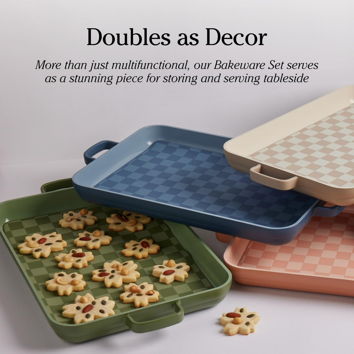 Our Place bakeware set displayed for compact storage and use