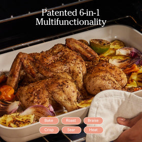 Our Place side bake dish paired with the main for multitask roasting