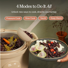 Our Place Dream Cooker ceramic inner pot ensures easy release and simple cleanup.