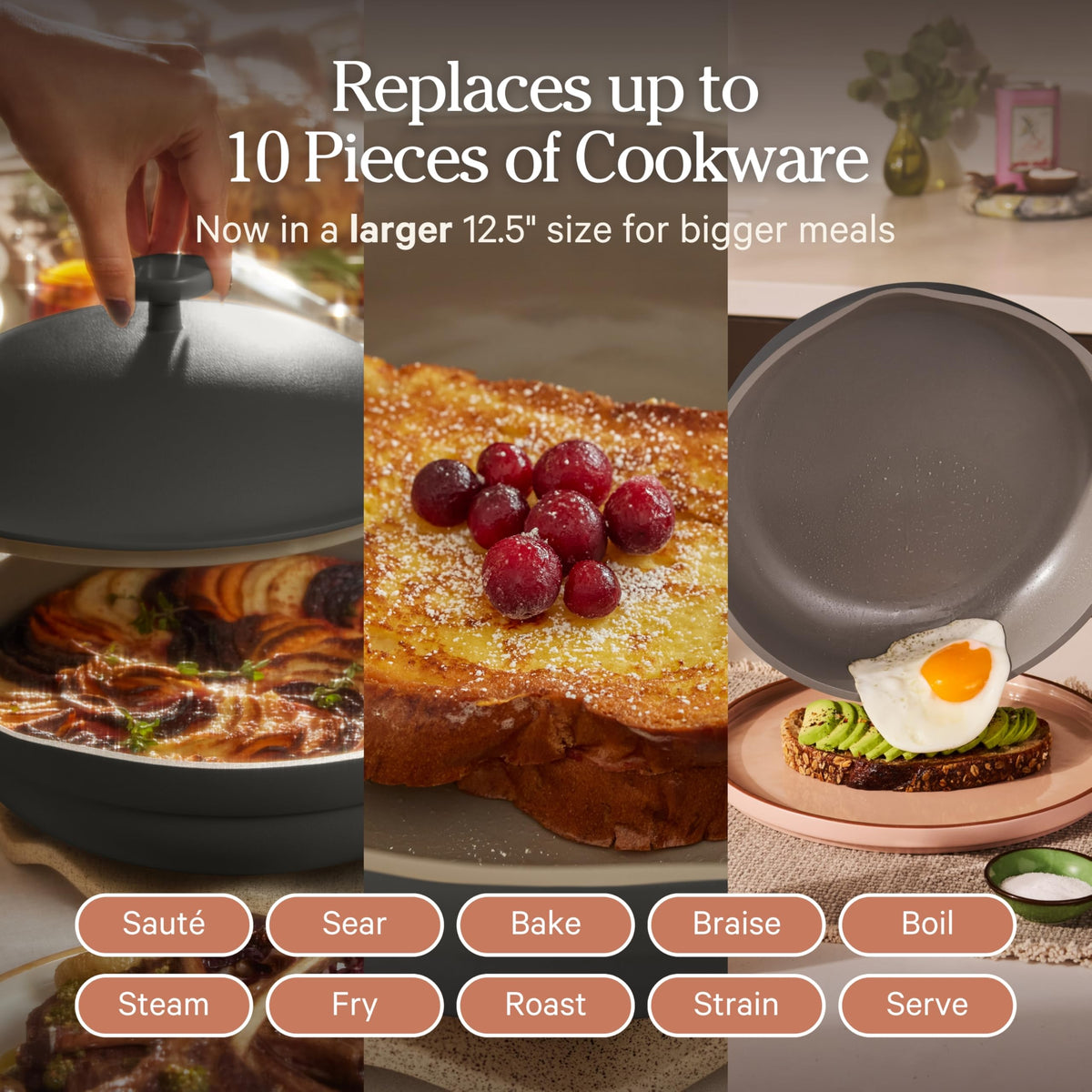 Our Place Large Always Pan with modular lid demonstrates moisture locking and venting control