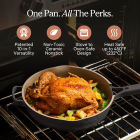 Our Place Large Always Pan on stovetop demonstrates quick, even heating for weeknight meals