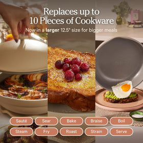 Our Place Large Always Pan steam-release lid showing precise moisture management in action.