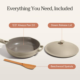 Our Place Large Always Pan nesting wood spatula stores neatly with the pan.