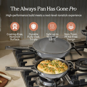 Our Place Titanium Always Pan Pro handle closeup highlights ergonomic grip for high-heat searing.